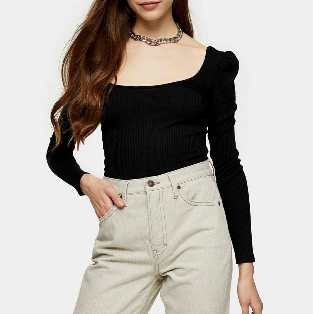 Topshop Cotton Lycra Square Neck Puff Sleeve Top